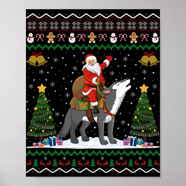 Póster Ugly Wolf Xmas Gift Santa Riding Wolf Christmas T  (Frente)