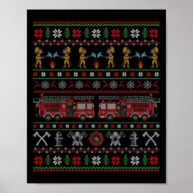 Póster Ugly Xmas Sweater Style Fire Truck Firefighter Chr (Frente)