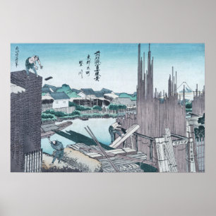 Póster Ukiyo-e de construcción japonesa de madera por Hok