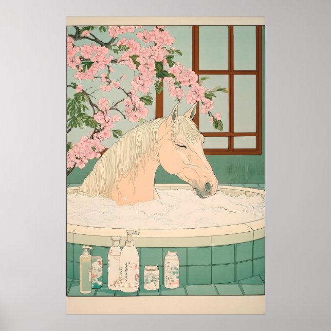 Póster Ukiyo-e Horse Bathroom Print Japanese Minimalist (Frente)