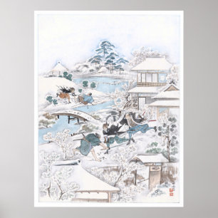 Póster Ukiyo-e japonés del 47 Ronin luchando contra Samur