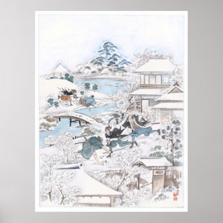 Póster Ukiyo-e japonés del 47 Ronin luchando contra Samur