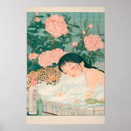 Póster Ukiyo-e Leopard Bath Art Print Japandi Bathroom