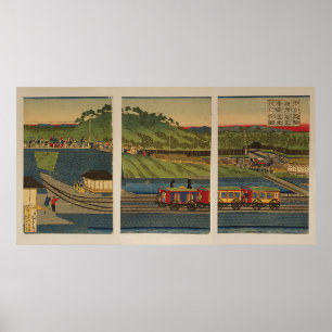 Póster Ukiyo-e Triptych: tren de vapor en la costa de Tak