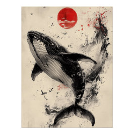 Póster Ukiyo-e Whale Art with Red Sun & Ink Splatter