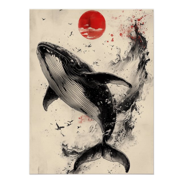 Póster Ukiyo-e Whale Art with Red Sun & Ink Splatter (Anverso)
