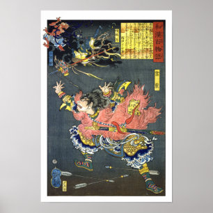 Póster ukiyoe - 和漢百物語 No.10 - 雷震・順風耳・千里眼 -