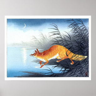 Póster Ukiyoe [Koson] Zorro junto al agua iluminada por l