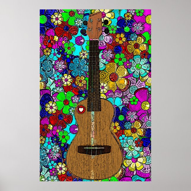 Póster Ukulele con flores de cadera y corazón de Groovy (Frente)