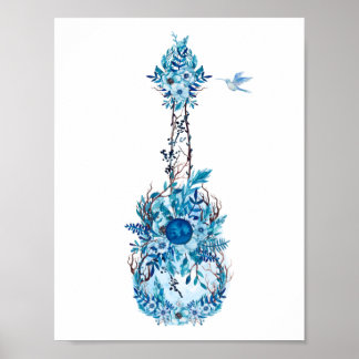 Póster Ukulele de flores azules