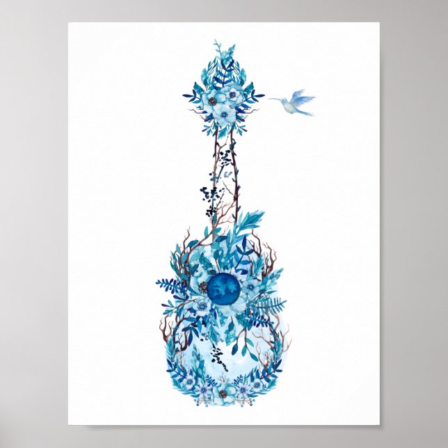 Póster Ukulele de flores azules (Frente)