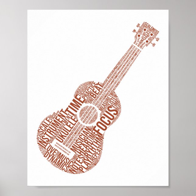 Póster Ukulele Word Cloud Ukulele Player Hawaii (Frente)