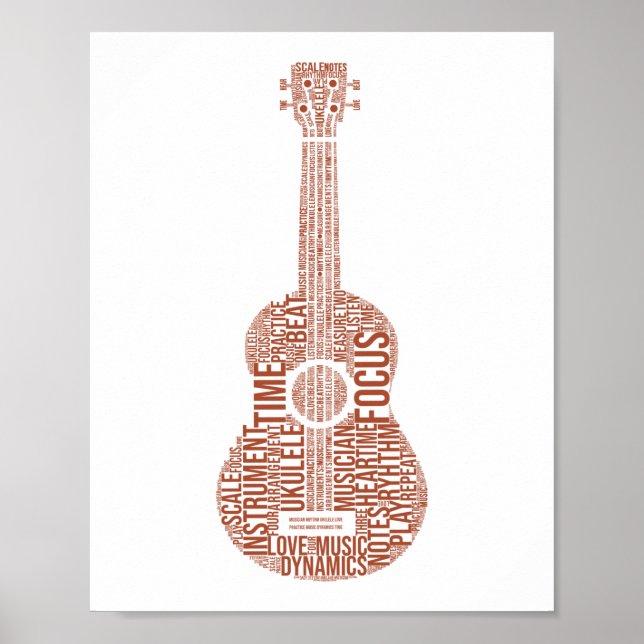 Póster Ukulele Word Cloud Ukulele Player Hawaii (Frente)