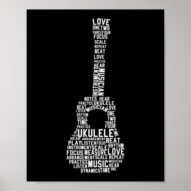 Póster Ukulele Word Cloud Ukulele Player Hawaii (Frente)