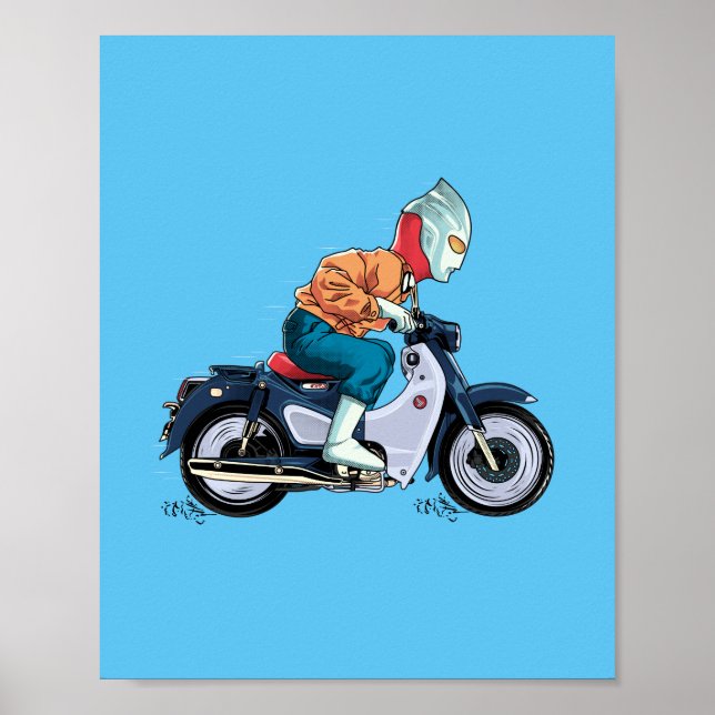 Póster Ultraman monta en una antigua moto (Frente)