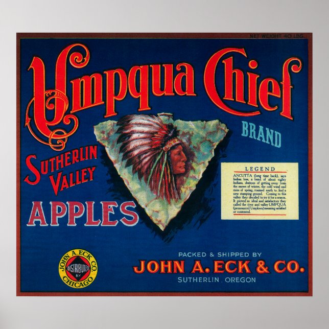 Póster Umpqua Chief Apple Crate LabelSutherlin, OR (Frente)