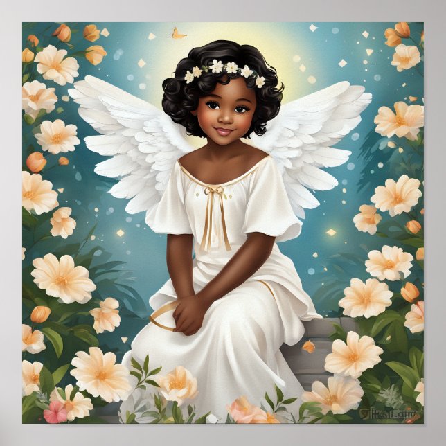 Póster Un ángel negro rodeado de flores (Frente)