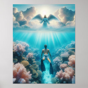 Póster Un ángel sorprende a un buzo en un arrecife oceáni