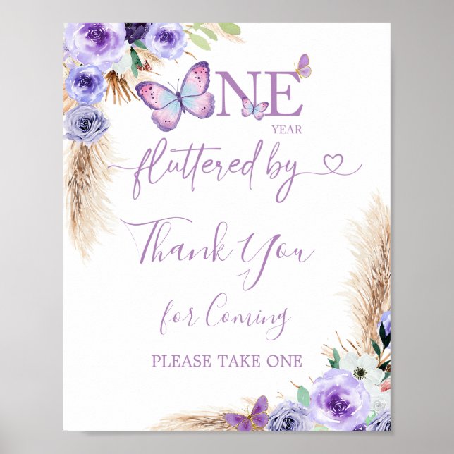 Póster Un año florido cumpleaños de mariposas gracias (Frente)