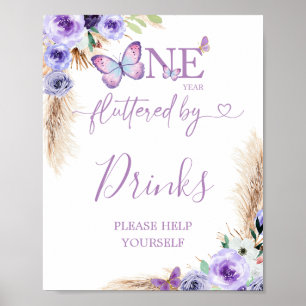 Póster Un año mariposa flauta primer cumpleaños bebidas