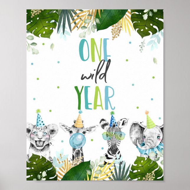 Póster Un año salvaje Fiesta Safari Animales Rótulo de cu (Frente)