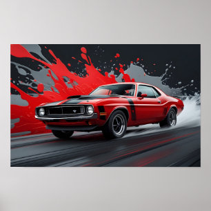 Póster Un antiguo automóvil muscular rojo