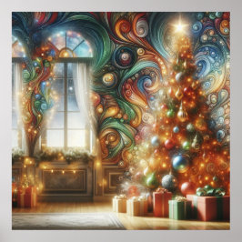 Póster Un árbol de Navidad de estilo retro con regalos en