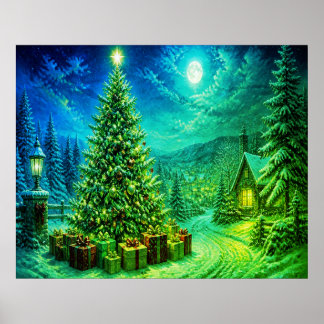 Póster Un árbol de Navidad muy verde+azul junto a la call