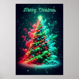 Póster Un árbol de Navidad rojo y verde humeante Pared 24