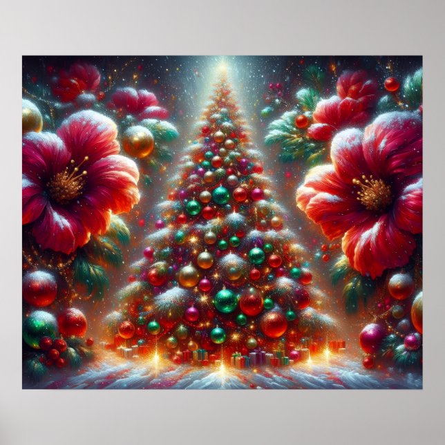 Póster Un árbol de Navidad y flores bellamente decorados (Frente)