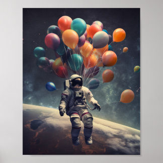 Póster Un astronauta flotando en el aire con globos