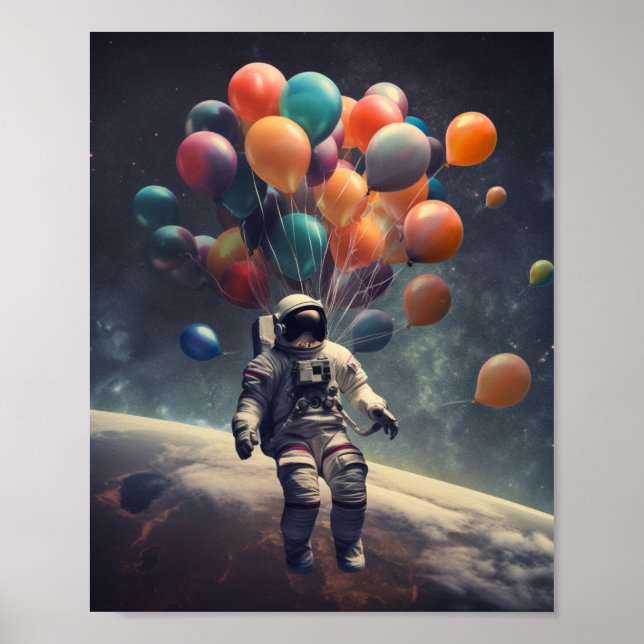 Póster Un astronauta flotando en el aire con globos (Frente)