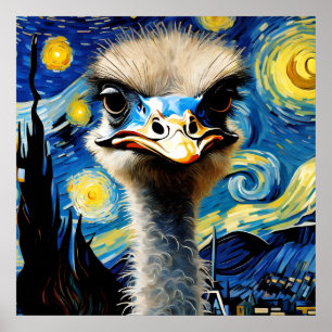 Póster un avestruz adorable en una postal nocturna estrel