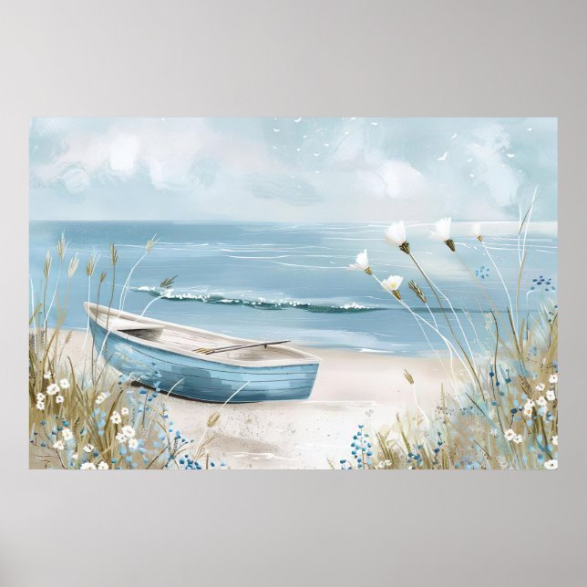 Póster un barco azul en un paisaje costero playero (Frente)