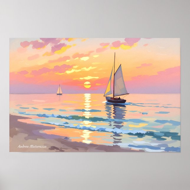 Póster Un barco de vela al atardecer en el mar (Frente)