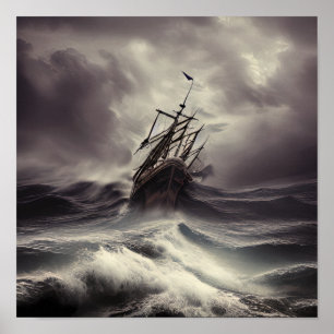 Póster Un barco en una tormenta en el Océano salvaje