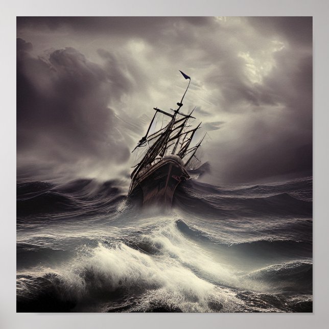 Póster Un barco en una tormenta en el Océano salvaje (Frente)