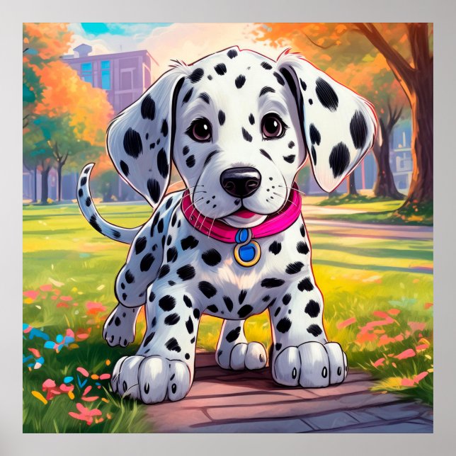 Póster Un bebé dalmatiano en el ilustracion de un parque  (Frente)