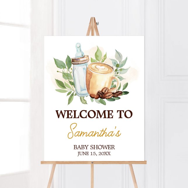 Póster Un bebé está preparando café, bienvenida a la duch (Bottle and Coffee Baby Shower Welcome Sign)