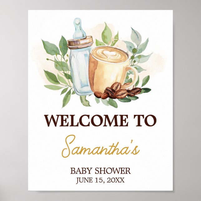Póster Un bebé está preparando café Letrero de bienvenida (Frente)