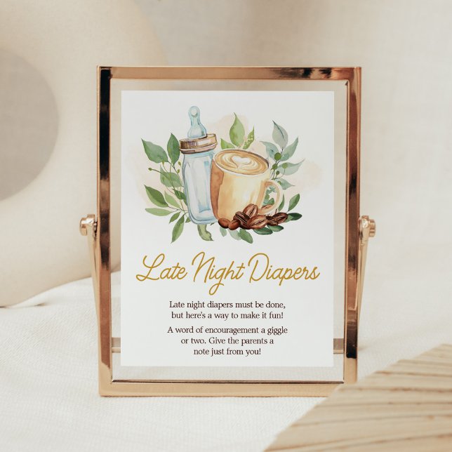 Póster Un bebé está preparando café para los pañales noct (Bottle and Coffee Baby Shower Late Night Diapers Sign)