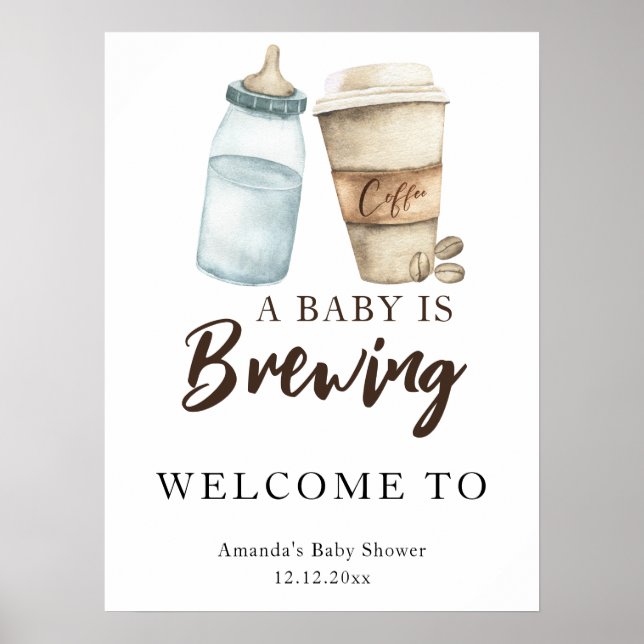 Póster Un bebé está preparando un biberón de café para un (Frente)