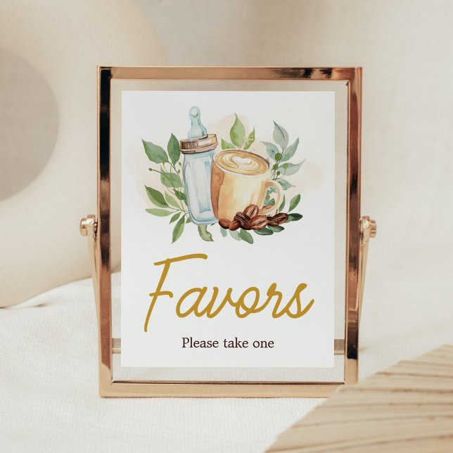 Póster Un bebé prepara café Baby Shower Favors (Bottle and Coffee Baby Shower Favors Sign)