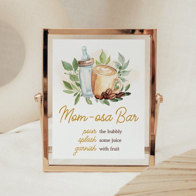 Póster Un bebé prepara café Baby Shower Mom Osa Bar (Bottle and Coffee Baby Shower Mom Osa Bar Sign)