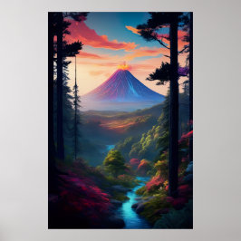 Póster Un borde forestal frente al poderoso volcán