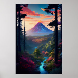 Póster Un borde forestal frente al poderoso volcán