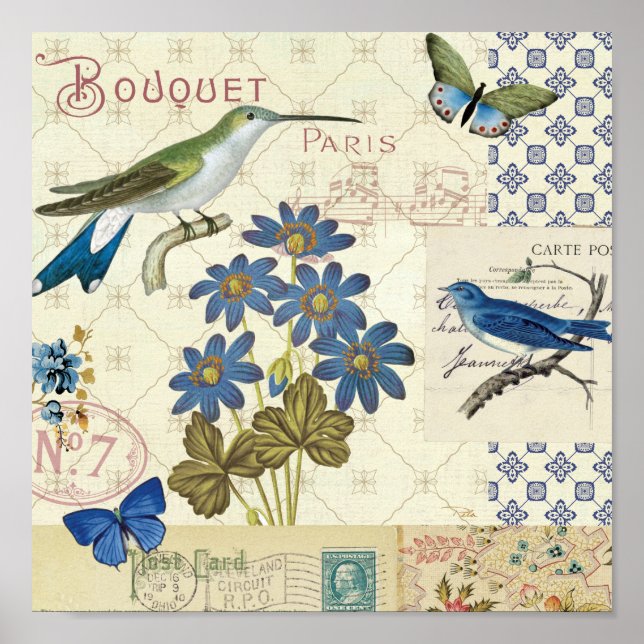 Póster Un Bouquet de flores azules, pájaros y mariposas (Frente)