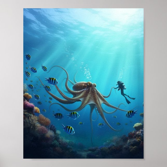 Póster Un buceador mira a una criatura marina gigante (Frente)