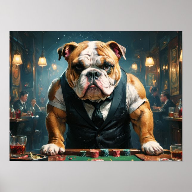 Póster Un bulldog inglés como un croupier en un casino - (Frente)