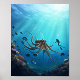 Póster Un buzo detecta una criatura marina gigante